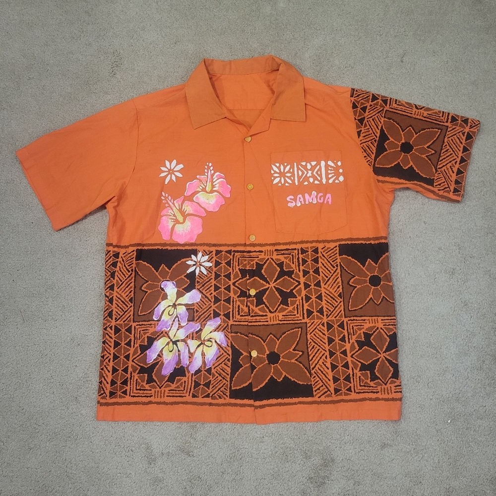 Vintage Samoa Hand Painted Hawaiian Camp Shirt Single Stitch Tappa Men's Xl